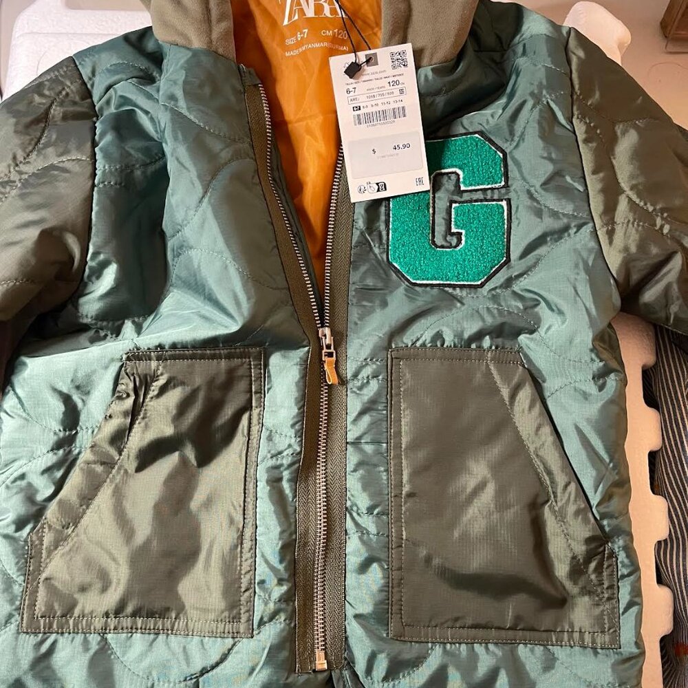 Zara Quilted Bomber Jacket Varsity Patch 6-7 Y CM 120 NWT